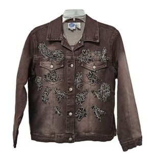 DG2 by Diane Gilman Denim Jacket Women S Brown Floral Beaded Embroidered Stretch